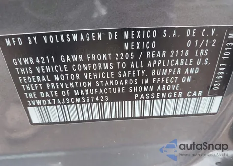 2012 Volkswagen Jetta Se z USA, uszkodzony, nr VIN 3VWDX7AJ3CM367423